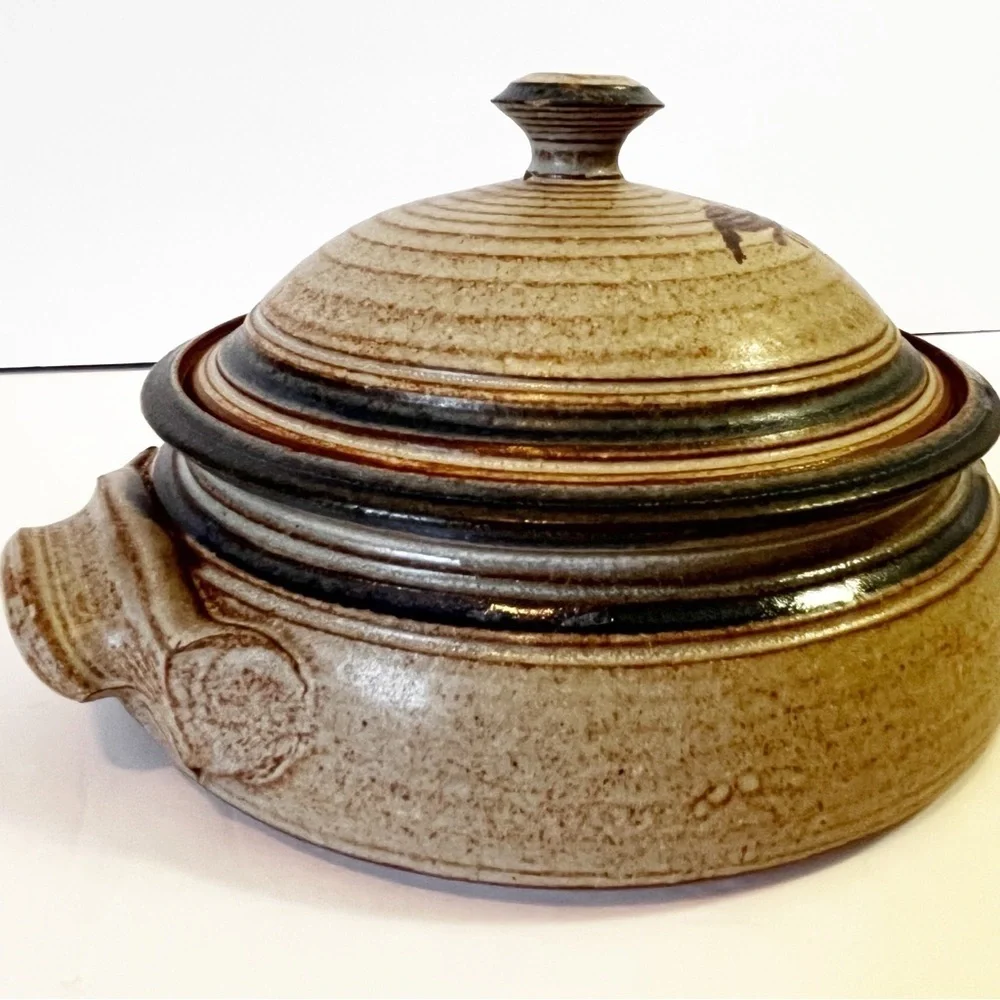 Studio Art Pottery Casserole Dish Lidded Stoneware Handles Handcrafted Signed